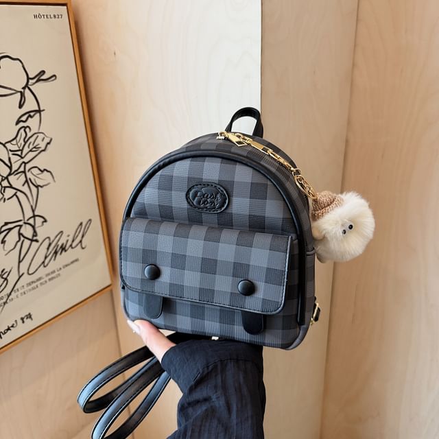 Backpack Plaid Faux Leather Flap