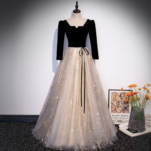 Evening A-Line / Short-Sleeve Long-Sleeve Panel Mesh Print Star Gown Notch Neck