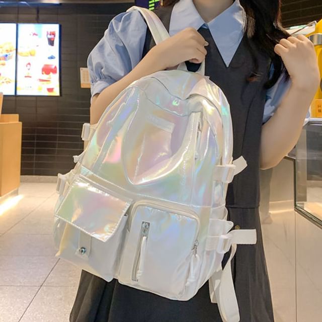 Buckled Backpack Leather Faux Holographic