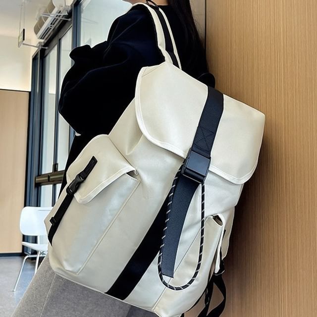 Unisex Drawstring Plain Buckled Backpack Nylon