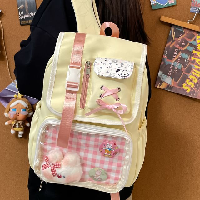 PVC Backpack Buckled Panel Ribbon Nylon Gingham