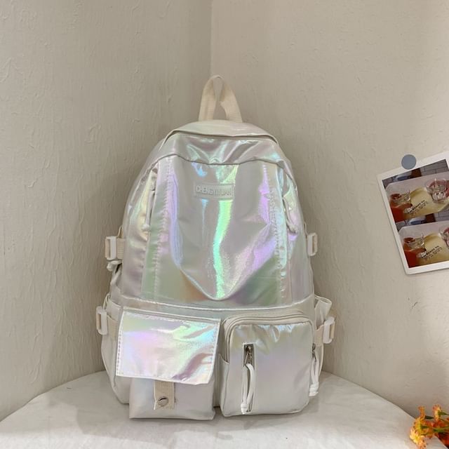 Buckled Backpack Leather Faux Holographic