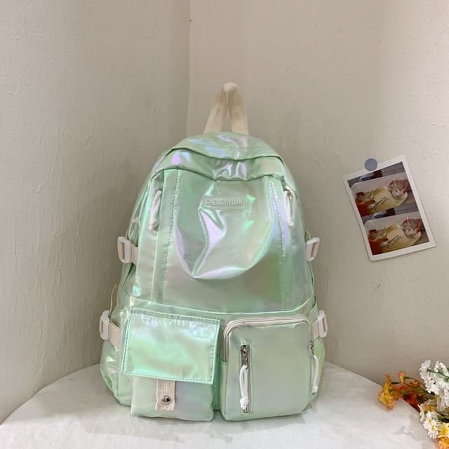 Buckled Backpack Leather Faux Holographic