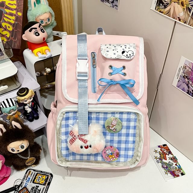 PVC Backpack Buckled Panel Ribbon Nylon Gingham