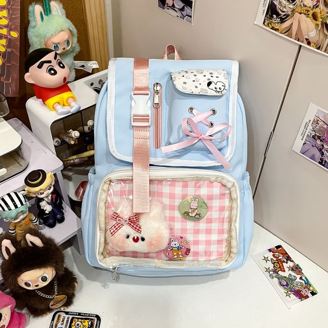 PVC Backpack Buckled Panel Ribbon Nylon Gingham