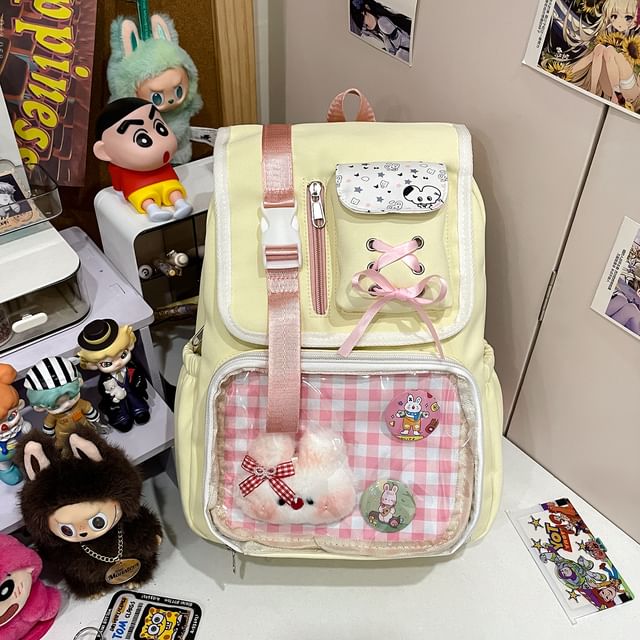 PVC Backpack Buckled Panel Ribbon Nylon Gingham