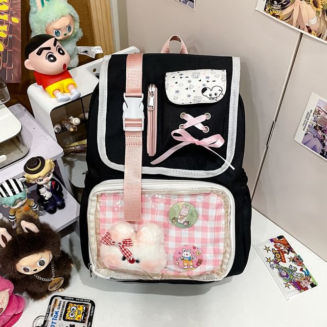 PVC Backpack Buckled Panel Ribbon Nylon Gingham