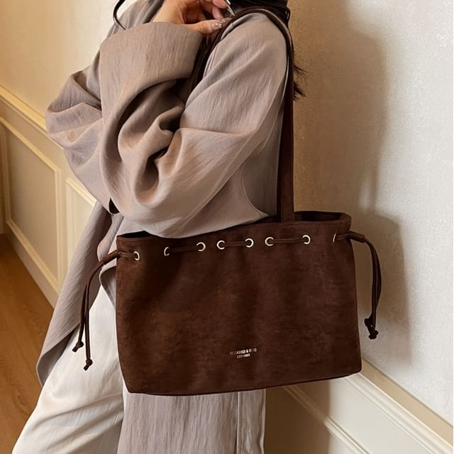 Bag Suede Tote Faux Drawstring Plain