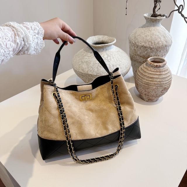 Chain Quilted Crossbody Tote Faux Suede Strap Bag