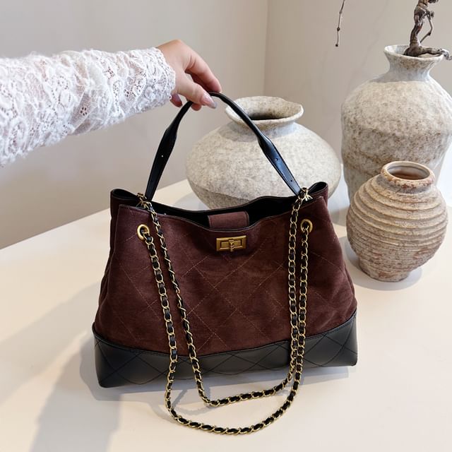 Chain Quilted Crossbody Tote Faux Suede Strap Bag