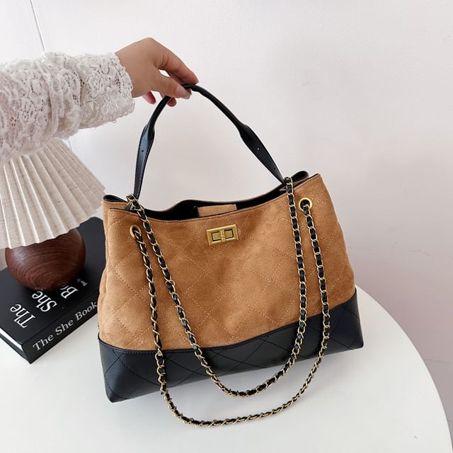 Chain Quilted Crossbody Tote Faux Suede Strap Bag
