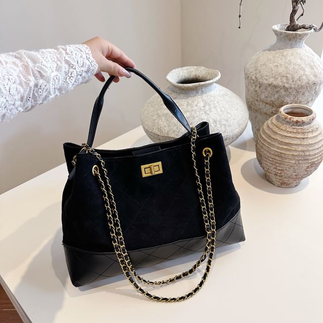Chain Quilted Crossbody Tote Faux Suede Strap Bag