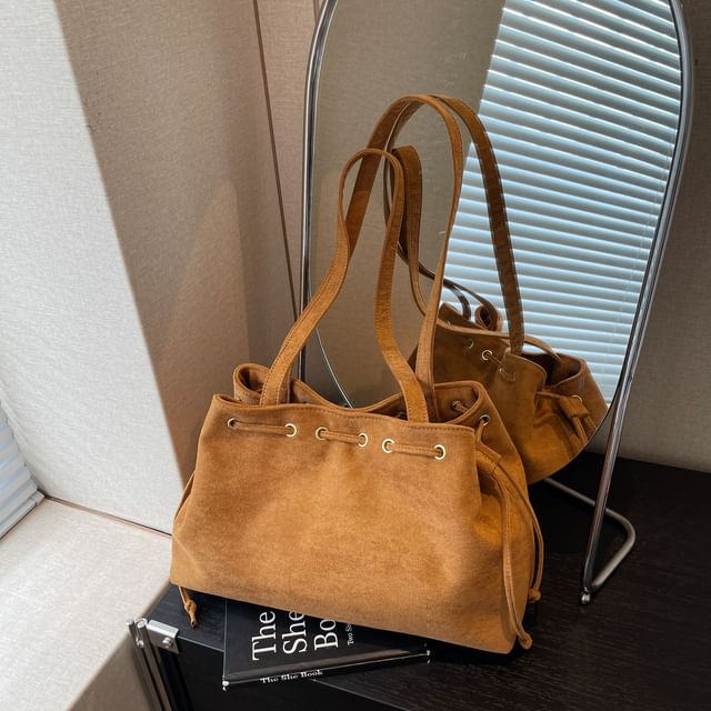 Bag Suede Tote Faux Drawstring Plain