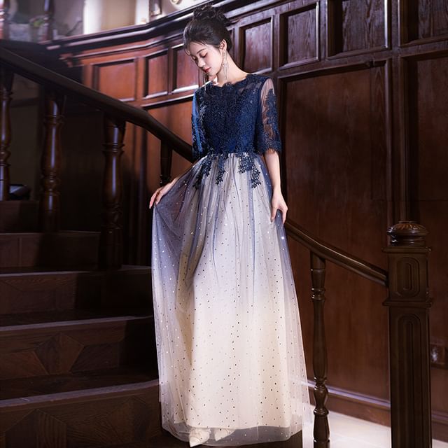 Designs) Gown / Dress Lace Panel (Various Evening Gradient Short-Sleeve Neck Round Cocktail