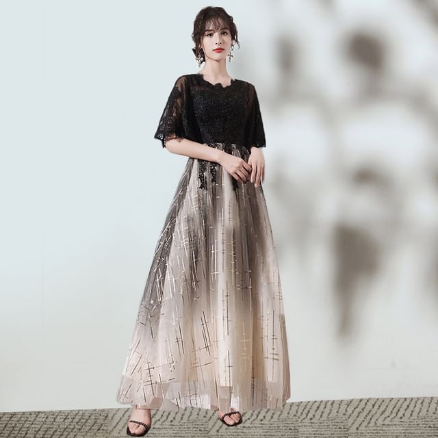 (Various Gradient Evening Designs) Glitter Gown V-Neck Short-Sleeve