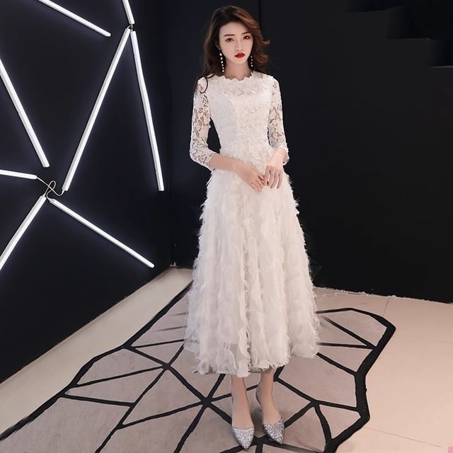 A-Line Midi 3/4 Plain Gown Fringe Lace Cocktail Neck Sleeve Panel Evening / Round Dress