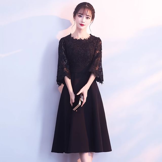 Panel Cocktail Lace Evening Dress / Plain A-Line Sleeve Neck Midi Elbow Gown Round