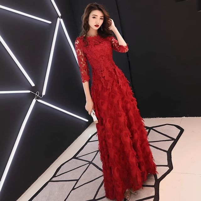 A-Line Midi 3/4 Plain Gown Fringe Lace Cocktail Neck Sleeve Panel Evening / Round Dress