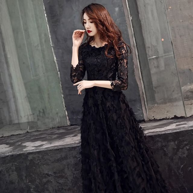 A-Line Midi 3/4 Plain Gown Fringe Lace Cocktail Neck Sleeve Panel Evening / Round Dress