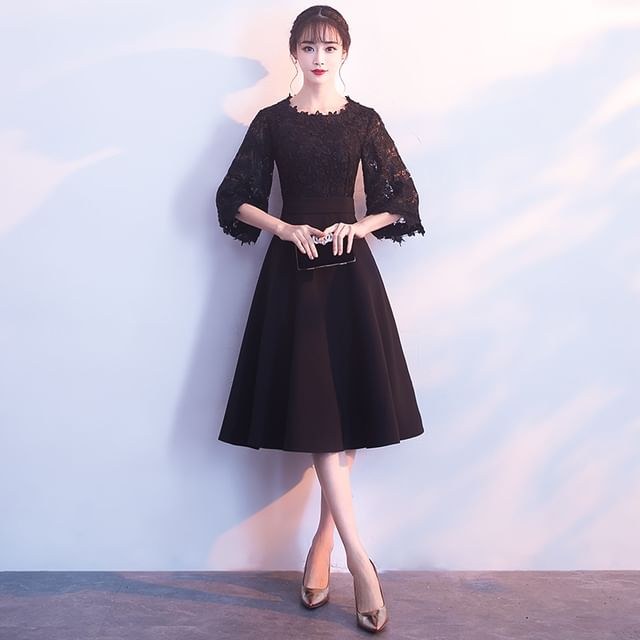 Panel Cocktail Lace Evening Dress / Plain A-Line Sleeve Neck Midi Elbow Gown Round