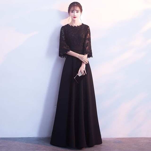Panel Cocktail Lace Evening Dress / Plain A-Line Sleeve Neck Midi Elbow Gown Round