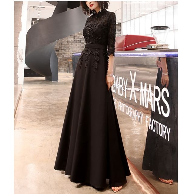 Evening Lace Dress / 3/4-Sleeve A-Line Gown