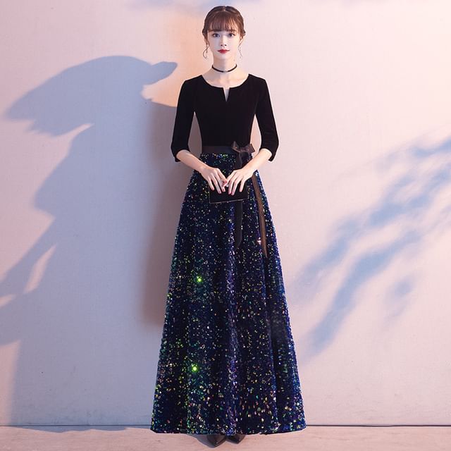 Elbow-Sleeve Sequin A-Line Evening Dress / Gown