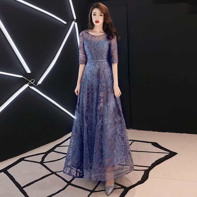 Dress High Evening A-Line Low Elbow-Sleeve Gown Lace /