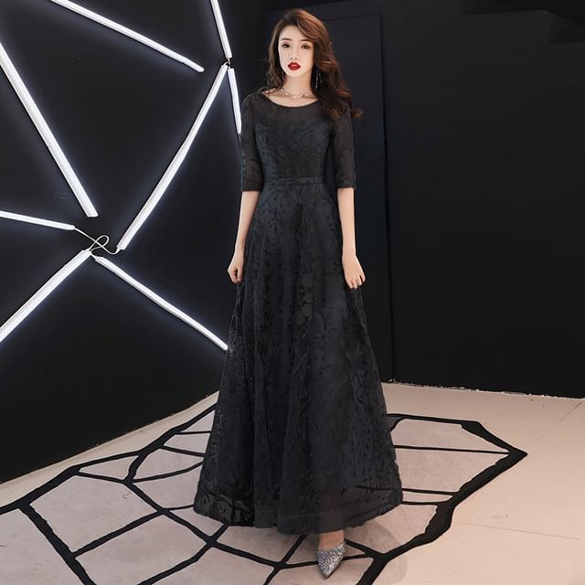 Dress High Evening A-Line Low Elbow-Sleeve Gown Lace /