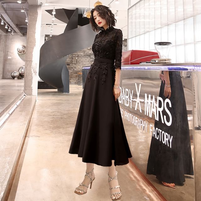 Evening Lace Dress / 3/4-Sleeve A-Line Gown