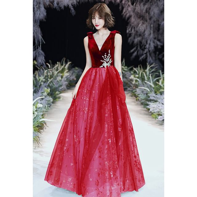 Bow Sleeveless Evening Dress Sequin V-Neck Floral A-Line Cocktail Applique Mesh Midi Velvet Panel / Gown