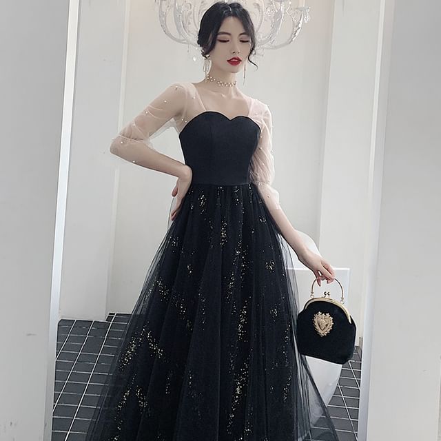 Long Sleeve Sweetheart Neck Two Tone Beaded Sequin Panel Mesh A-Line Evening Gown / Midi Cocktail Dress