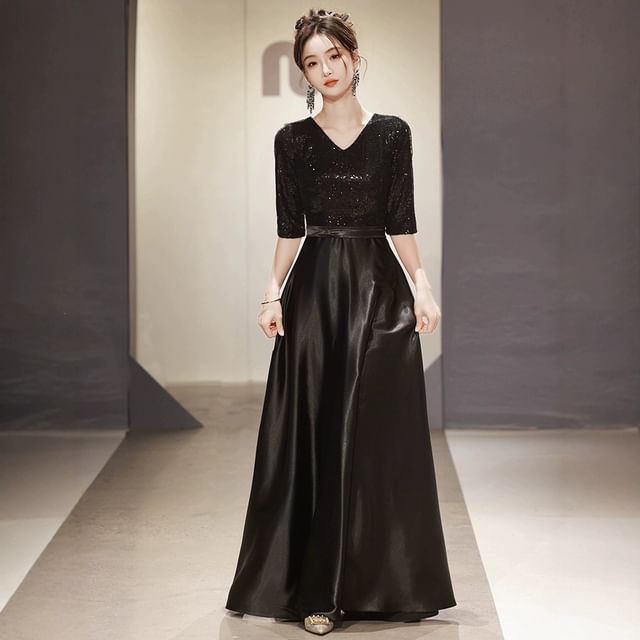 Elbow Sleeve V-Neck Plain Sequin Satin A-Line Evening Gown