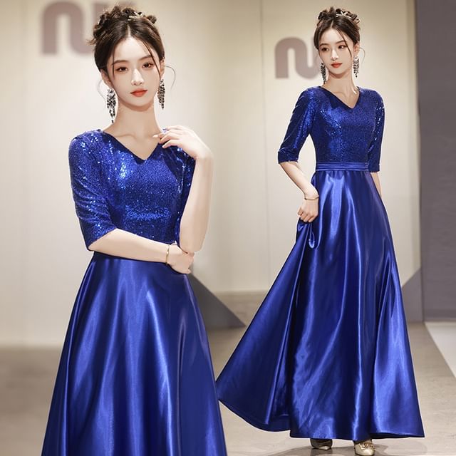 Elbow Sleeve V-Neck Plain Sequin Satin A-Line Evening Gown