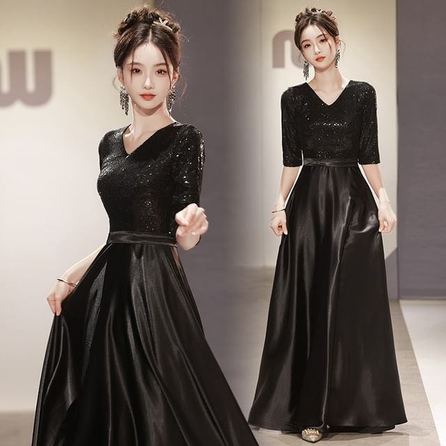 Elbow Sleeve V-Neck Plain Sequin Satin A-Line Evening Gown