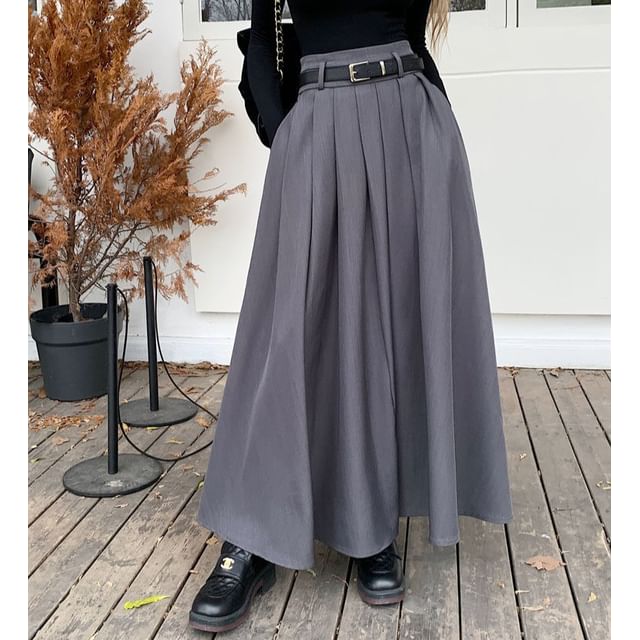 High Waist Plain Pleated Maxi A-Line Skirt
