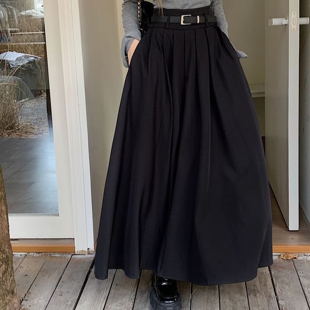 High Waist Plain Pleated Maxi A-Line Skirt