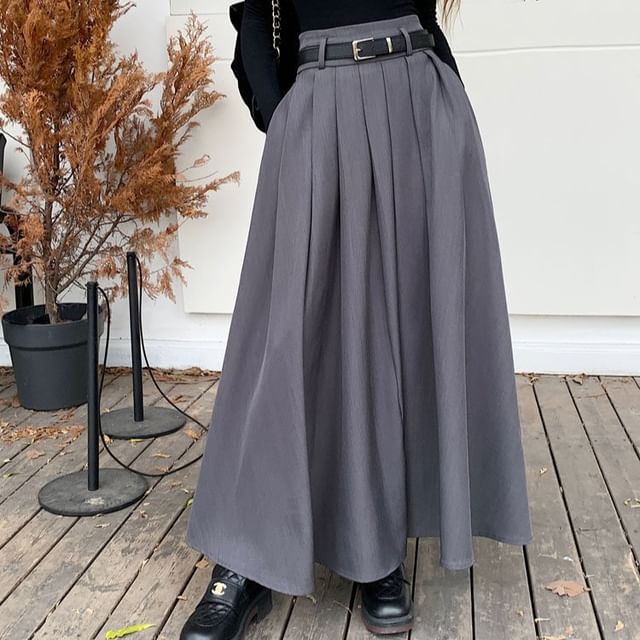 High Waist Plain Pleated Maxi A-Line Skirt