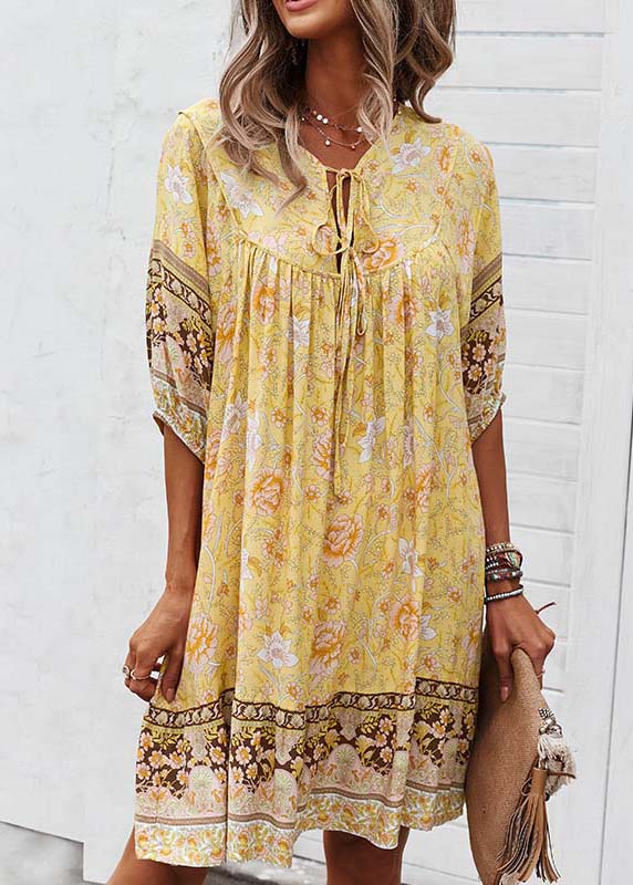Half Mid Lace Beach Sleeve Dress Tie Print Yellow