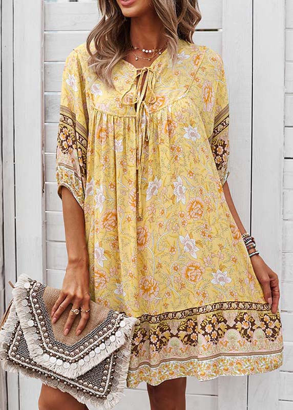 Half Mid Lace Beach Sleeve Dress Tie Print Yellow