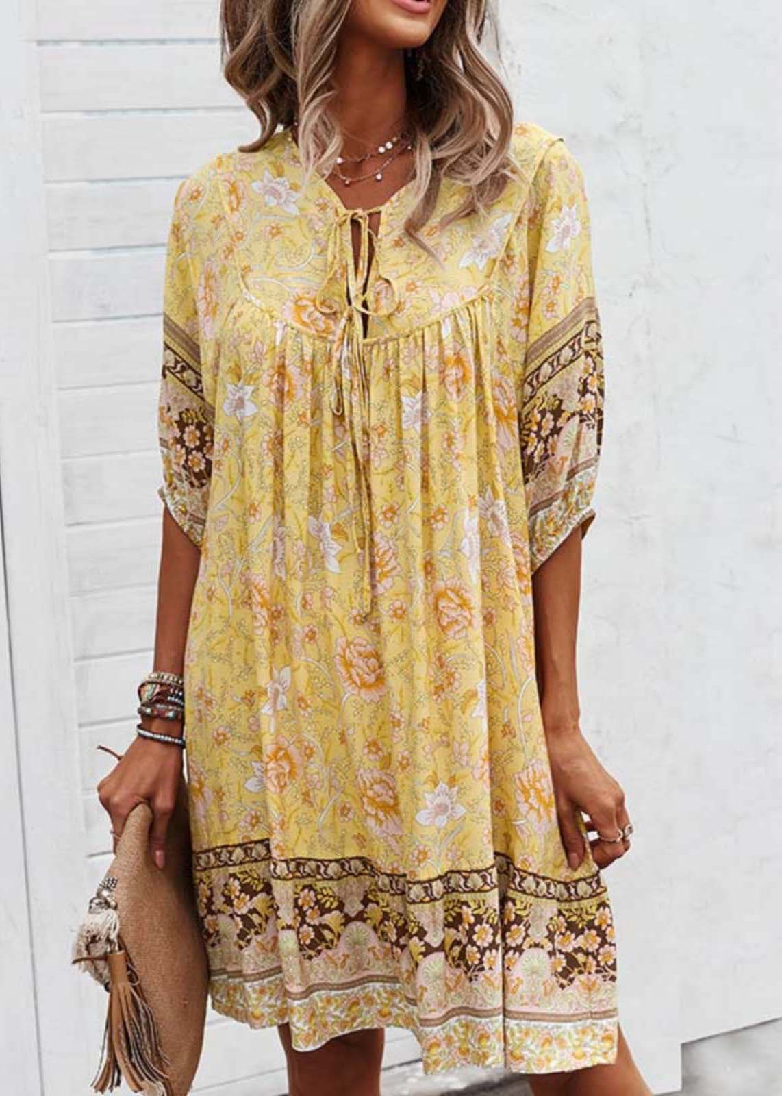 Half Mid Lace Beach Sleeve Dress Tie Print Yellow