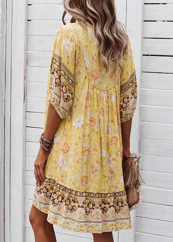 Half Mid Lace Beach Sleeve Dress Tie Print Yellow