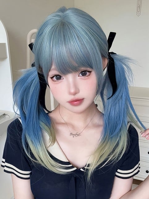 Wig Hime With Ombre Blue Length Cut Straight Hair 65CM Air Color Bangs