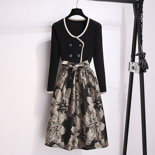 Vintage Black Blossom Print Solid Color Dress - Black / S