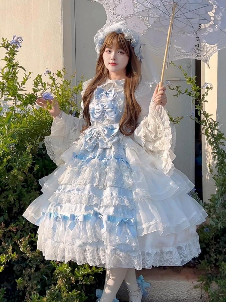 Dress Bows Lolita Full Skirt Blue White Decoration JSK Set Tiered and Hime Hanayome
