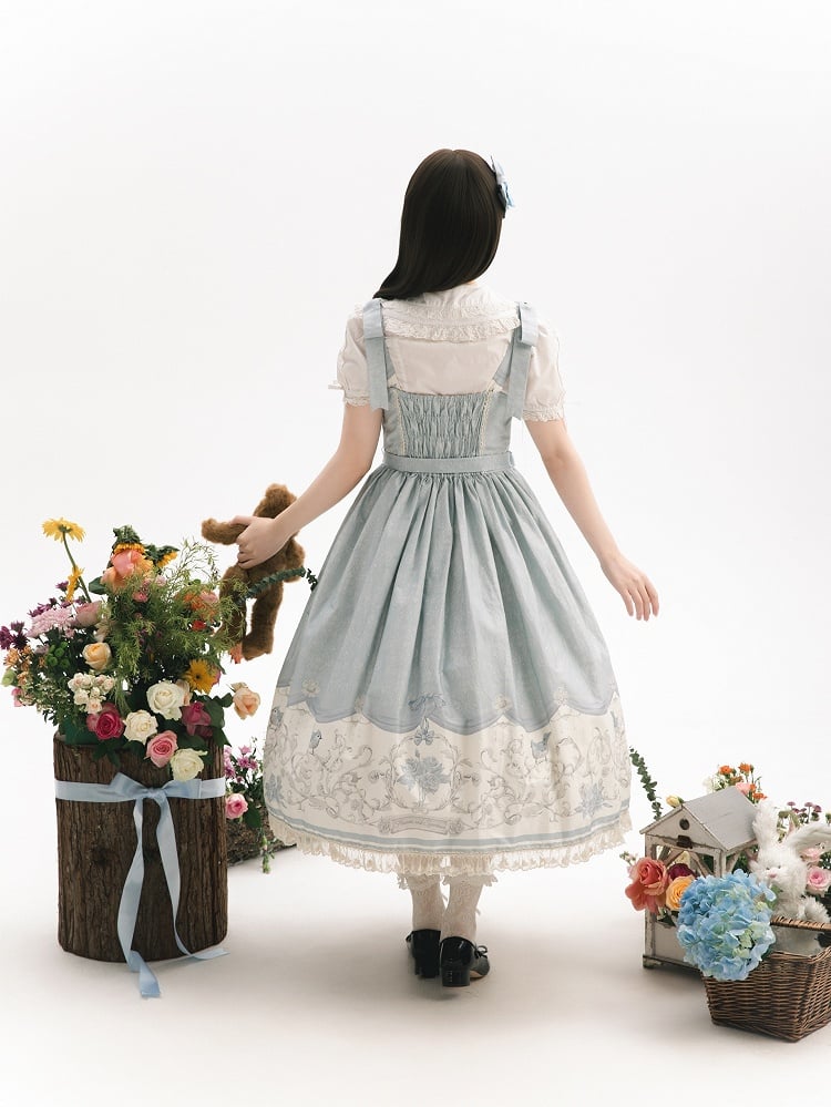 Floral Lolita Blue and Titmouse Print Skirt Jumper