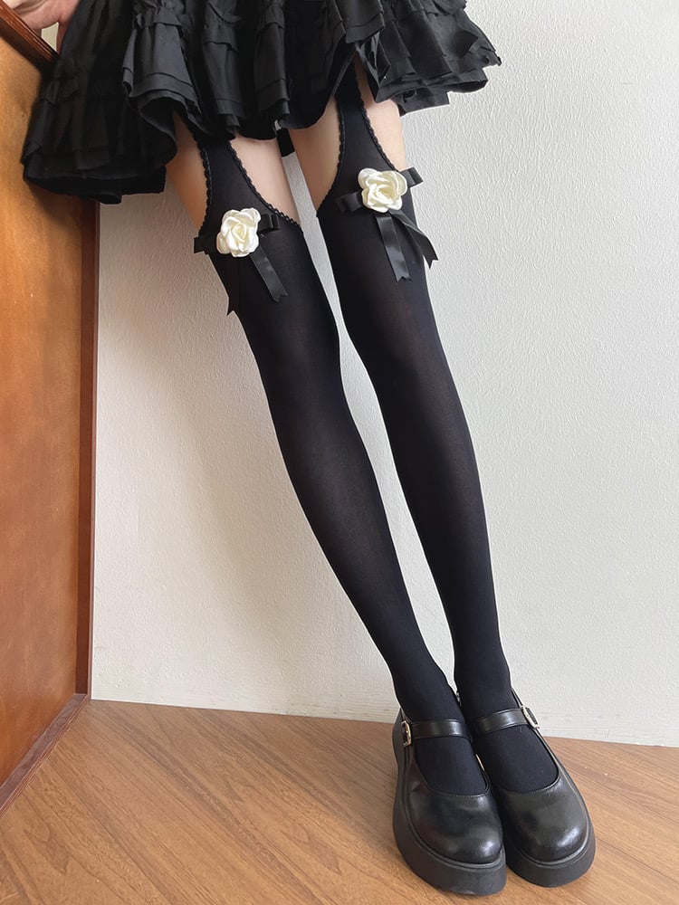 Tights Suspender Camellia Bowknot Black/White