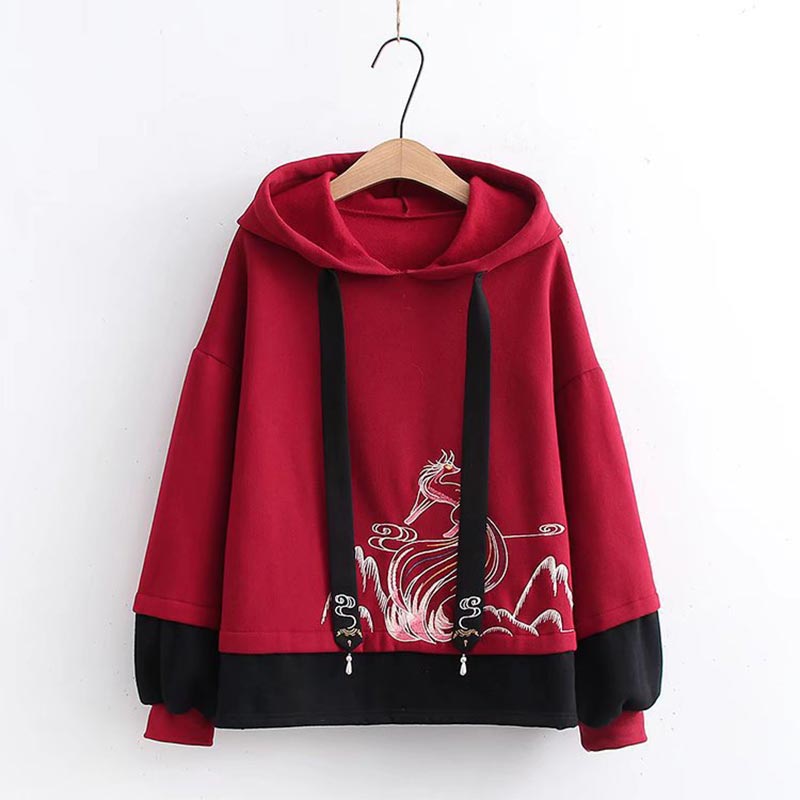 Vintage Red Embroidery Hoodie Bow Knot Skirt Set - Hoodie