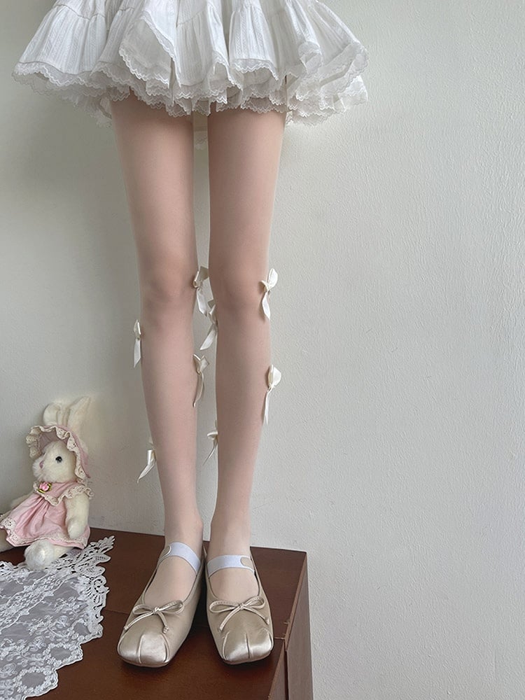 White Lolita Details Bowknot Tights Semi-sheer