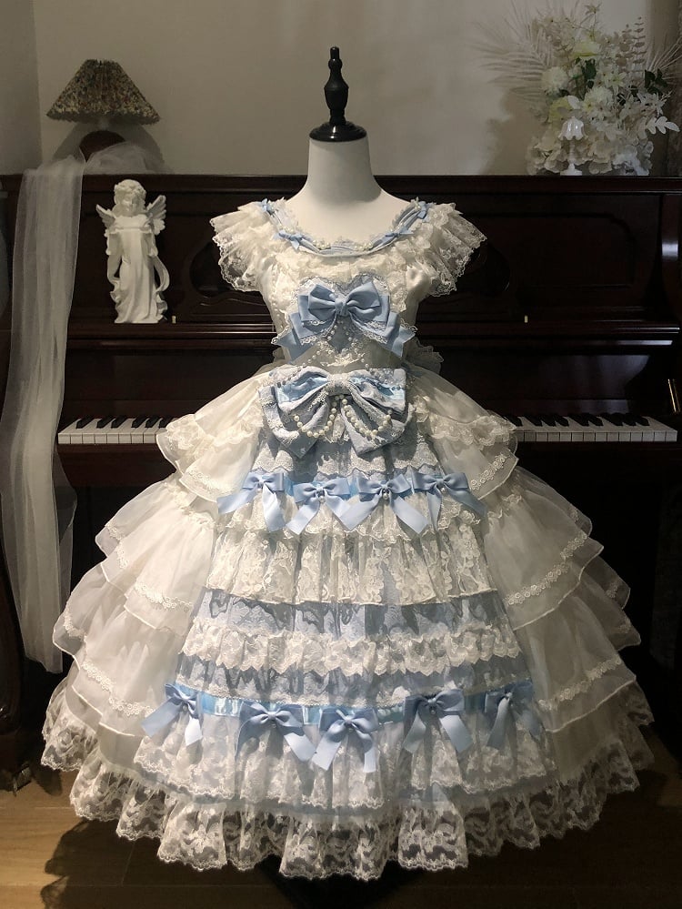 Lolita Decoration Tiered and Hime Skirt Blue Bows Hanayome White Dress